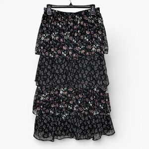 EST 1946 Tiered Floral Maxi Skirt Black Boho Fairy Grunge Chiffon Cato Sz M